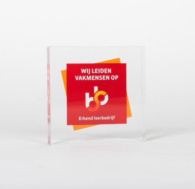 Plexiglas logoblok     130 x 130 x 25 mm met full colour opdruk